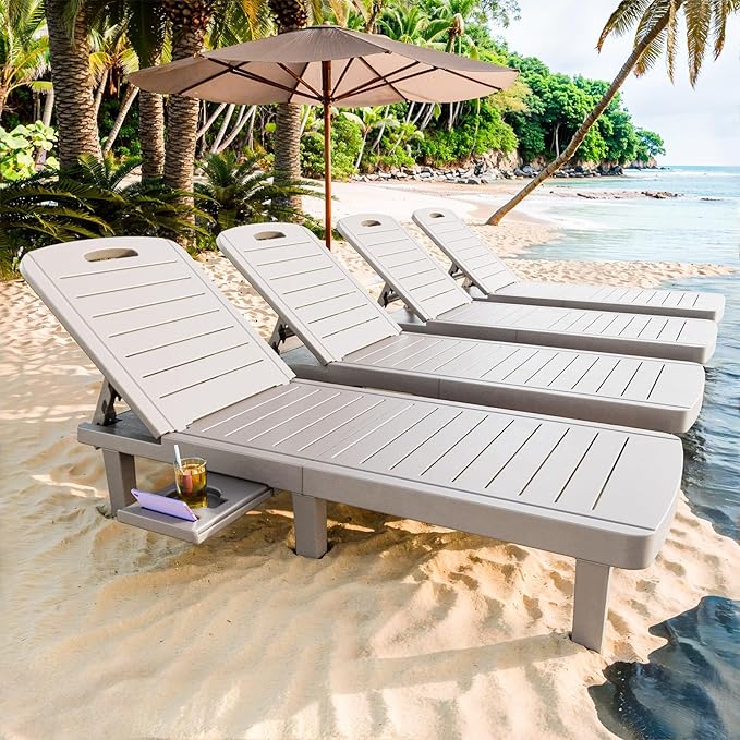 CDCASA Outdoor Chaise Lounge Set of 4, Pool Lounge Chairs w/5 Adjustable Positions & Side Tray, Waterproof Resin Lounges for Poolside,Yard,Garden,Sunbathing, for All Weather, Grey
