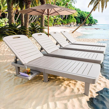 CDCASA Outdoor Chaise Lounge Set of 4, Pool Lounge Chairs w/5 Adjustable Positions & Side Tray, Waterproof Resin Lounges for Poolside,Yard,Garden,Sunbathing, for All Weather, Grey