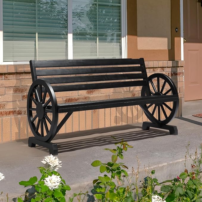 VINGLI 55" Rustic Wooden Wheel Bench Outdoor Bench, 2-Person Patio Bench Wagon Slatted Seat, Garden Benches for Outdoors 350lbs High Capacity, Weather Resistance ((Black)
