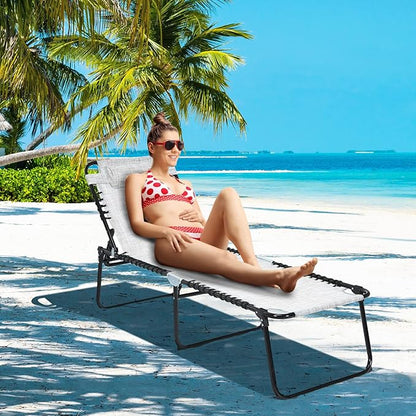 COSTWAY Folding Chaise Lounge Chair, Foldable Pool Lounger with 4-Position Adjustable Backrest, 2-Position Footrest, Side Pocket & Soft Pillow, Patio Tanning Chair for Beach, Poolside (1, Grey)