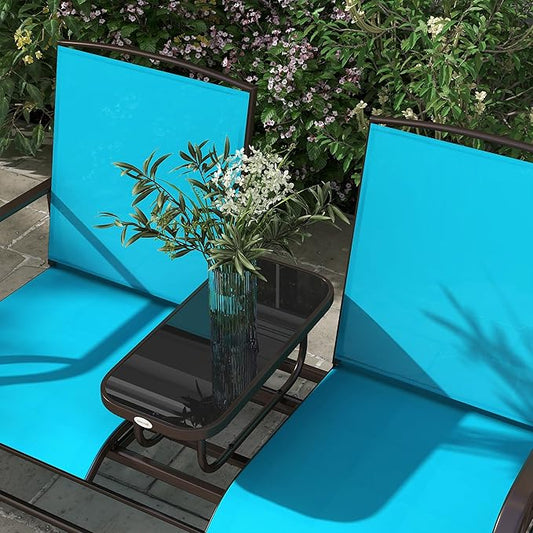 GOWE Outdoor Glider Bench with Center Table, Metal Frame Patio Loveseat with Breathable Mesh Fabric and Armrests for Backyard Garden Porch, Blue