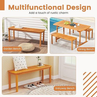 Tangkula Acacia Wood Outdoor Bench, 47" Patio Dining Bench with Slatted Seat, Backless Wooden Garden Bench, Farmhouse Furniture for Garden, Entryway, Poolside, Porch, Balcony, Park & Deck