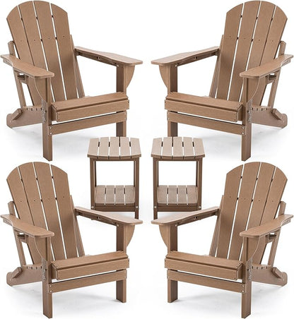 Folding Adirondack Chair Set with Side Table - HDPE Outdoor Patio Chairs, Weatherproof Chair with Reclining Back, Cup & Phone Holder, and 2-Tier Storage End Table for Firepit or Garden (Brown)