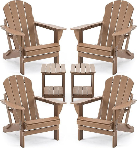 Folding Adirondack Chair Set with Side Table - HDPE Outdoor Patio Chairs, Weatherproof Chair with Reclining Back, Cup & Phone Holder, and 2-Tier Storage End Table for Firepit or Garden (Brown)