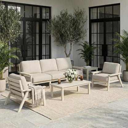 HDPE 5 Piece Patio Furniture Set, Outdoor Couch with Washable Thick Beige Cushions & Coffee Table & Side Table, Outdoor Sectional Furniture for Backyard, Deck, Lawn, Porch (White Frame)