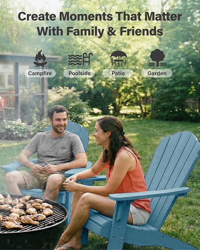 Oversized Plastic Adirondack Chair Set of 2 with Cup-Holder (Large Dual-Purpose), Weather Resistant, Poly Lumber Outdoor Chairs Duty Rating Widely Used in Patio, Lawn, Outside, Deck, Garden Chair-Blue