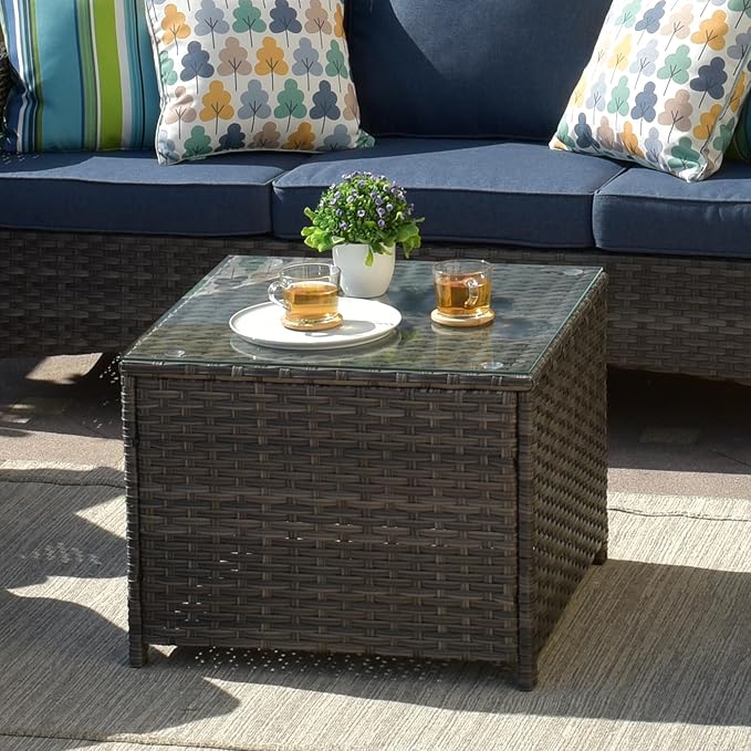ovios Outdoor Side Table with Tempered Glass Top, Patio Wicker Rattan Coffee End Tables for All-Weather Porch Deck Balcony Garden Poolside (Grey-Medium Size)