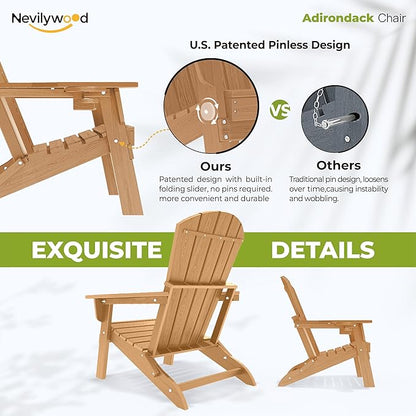 nevilywood HDPE Foldable Fire Pit Chairs Set of 2 with Cup Holders, Wood Grain, Durable Design, Perfect for Patio, Backyard & Outdoor Gatherings, Teak