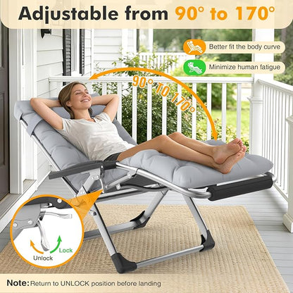 Slendor Oversized Zero Gravity Chairs XXL, 33In Padded Zero Gravity Lounge Chair, Lawn Recliner, Folding Patio Reclining Chair w/Aluminum Alloy Lock, Headrest, Cup Holder, Support 500lbs, Grey