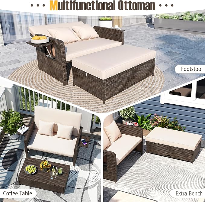 LDAILY Moccha Outdoor Daybed, Wicker Loveseat Sofa Set with 4-Postion Adjustable Backrest, Storage Ottoman, Cushions - Photo 7