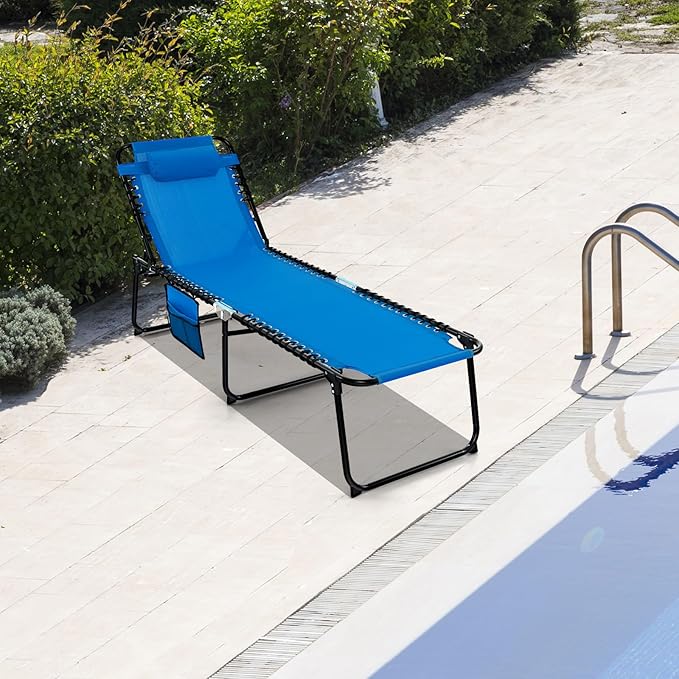 GYMAX Lounge Chairs for Outside, Extra High Folding Beach Tanning Lounger with Adjustable Backrest - Photo 8