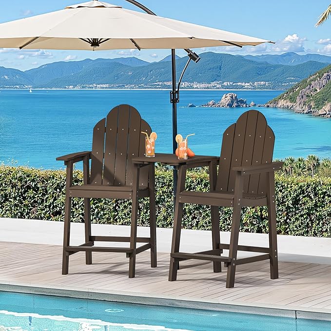 LUE BONA Tall Adirondack Chair Set of 2, All Weather HDPS Bar Height Adirondack Chair with Detachable Table & Umbrella Hole, Adirondack Barstools for Patio, Deck, Backyard & Commercial Use Dark Brown