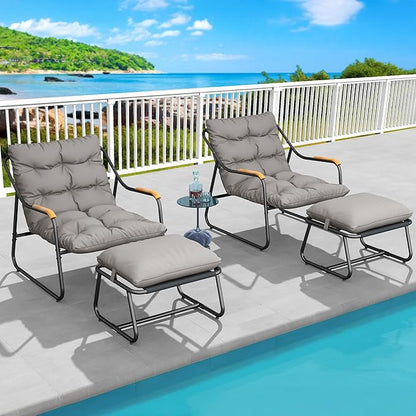 YITAHOME Patio Lounge Chair with Ottoman Set of 2, Oversized Papasan Chair with Soft Cushion, Indoor/Outdoor Textilene Lounge with Teak Wood Handrail and Footstool for Living Room, Porch, Backyard
