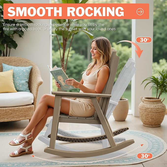 Flamaker Outdoor Rocking Chairs, PP Material Patio Rocking Chairs All Weather Resistant, Heavy Duty Rockers with High Back for Patio Backyard Porch (Light Brown)