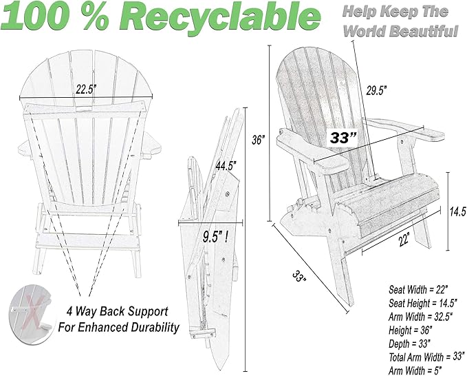 DuraWeather Poly® Classic King Size Folding Adirondack Chair (Charcoal Grey)