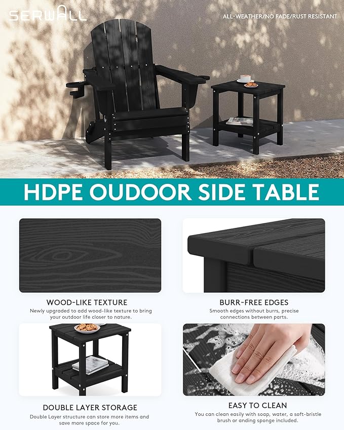 SERWALL 2-Tier HDPE Outdoor Side Table, Weatherproof Rectangular Adirondack Side Table, Black - Photo 5