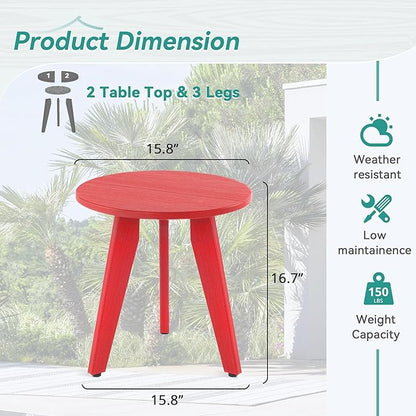 HDPS Outdoor Side Table, Small Round Side Table Weather-Resistant, Outdoor Side Tables for Patio, Porch, Deck, End Table for Plant Stand, Living Room, Bedroom, Red