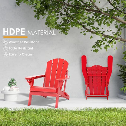 IVY&LANE Folding-Adirondack-Chairs-Set-of-2 | HDPE Plastic | Outdoor Fire Pit Chair with Cup Holder | Red | Poly | Weather Resistant | for Patio Deck Poolside Garden Beach