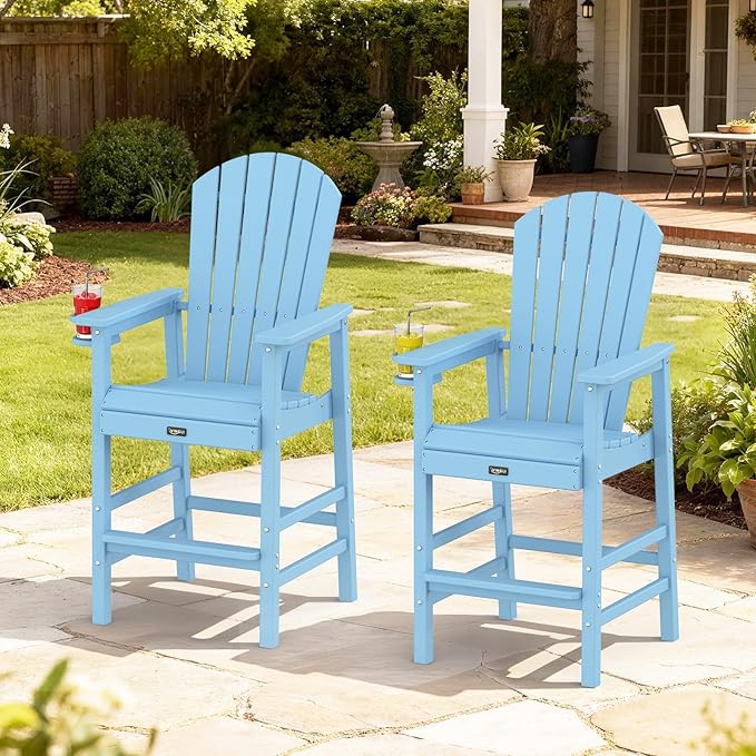 VINGLI Tall Adirondack Chair, All-Weather Plastic Adirondack Chair with Cup Holder Heavy-Duty Outdoor Barstools for - Photo 8