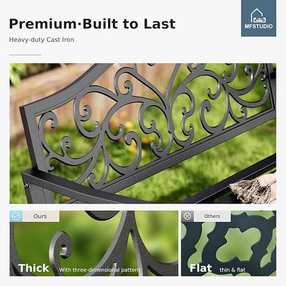 MFSTUDIO Outdoor Metal Bench Set of 2, Garden Patio 43.7 Inches Cast Iron Metal Frame Park Outside Benches with Floral Pattern Backrest for Front Porch, Black, Camelback