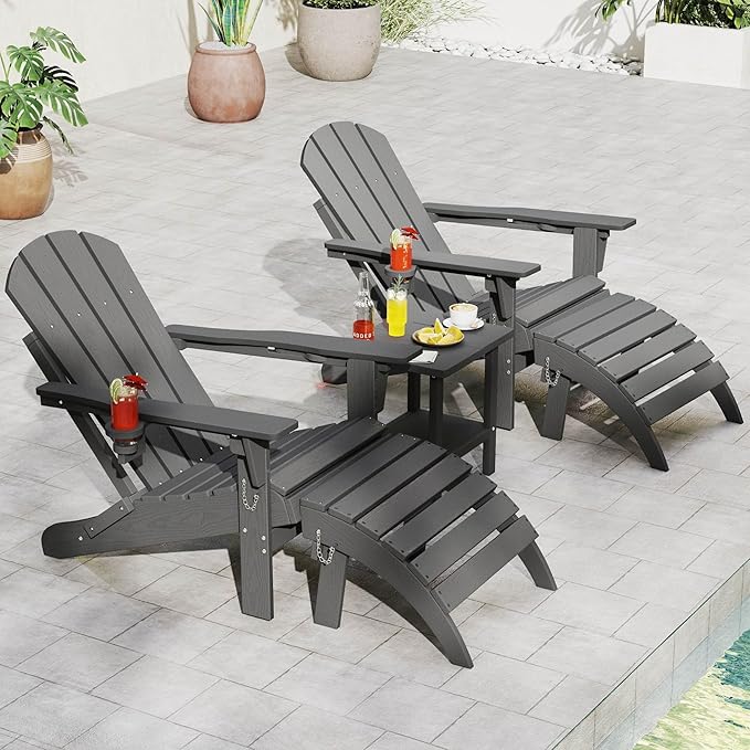 Adirondack Chair with Footrest and Table Set,Folding Chair with Retractable Ottoman,HDPE All Weather Fire Pit Chair with Cup Holder,5-Piece(Grey, 2 Chair & 2 footrest & 1 Table)