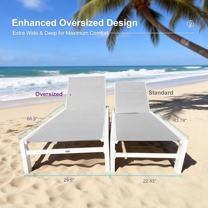 PURPLE LEAF Outdoor Oversized Chaise Lounge Set for Tall & Strong Individuals Adjustable Recliner Extra Wide Lounge Chairs with Side Table for Poolside Beach Patio Aluminum Chaise Lounger 2 Sets