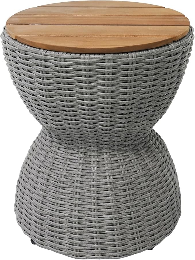 Christopher Knight Home Denhill 15.25" Outdoor Side Table, Round Patio End Table with Wood Top and Wicker Base, Small Outdoor Coffee Table for Balcony Garden, Accent Garden Stool, Grey+Natural
