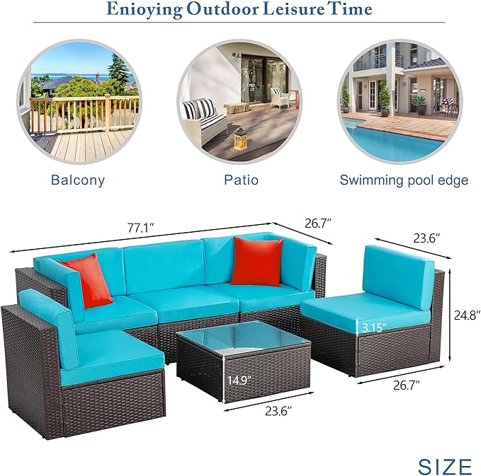Vongrasig 6 Piece Patio Furniture Set, Small Outdoor Sectional Sofa Couch, All Weather PE Wicker L-Shaped Corner Patio Sofa Garden Backyard Patio Conversation Set w/Glass Table, Blue