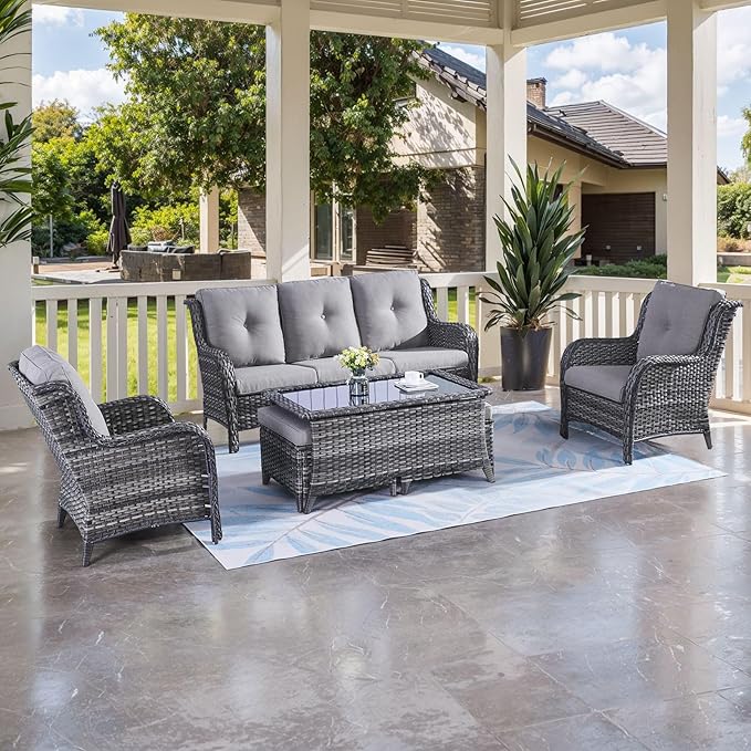 HUMMUH Outdoor Furniture 6 Pieces Patio Furniture Set Wicker Outdoor Sectional Sofa with 2 Patio Chairs, Ottomans - Photo 2