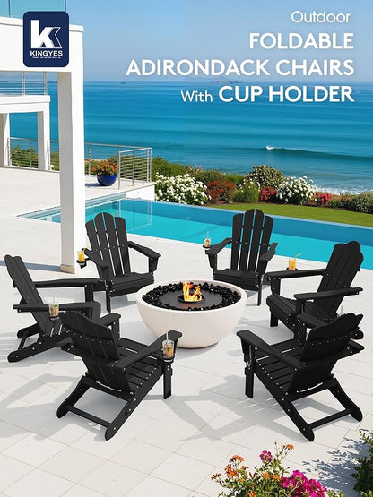 KINGYES Folding Adirondack Chair, HDPE All-Weather Patio Chairs with Cup Holder, Wooden Textured Fire Pit Chairs for Poolside, Backyard, Deck, Black