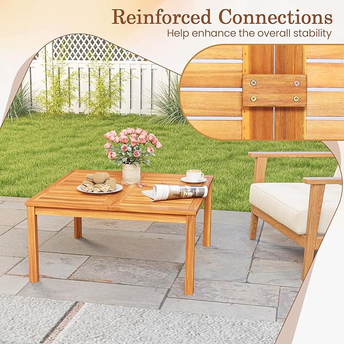 HAPPYGRILL Outdoor Coffee Table Acacia Wood Patio Table with Slatted Tabletop, Square Coffee Table for Outside Balcony - Photo 7
