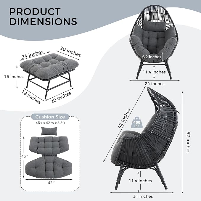 IRONCK Wicker Outdoor Egg Chair with Ottoman, Patio Lounge Chair with Footrest, Thickened Padded Cushion and Headrest - Photo 2