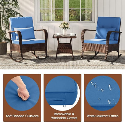 ORALNER 3 Pieces Patio Furniture Set, Outdoor Wicker Rocking Chairs with Cushions, Pillows, Glass Coffee Table, Rattan Bistro Rocker Set for Balcony Front Porch Poolside Garden Deck Yard (Navy)