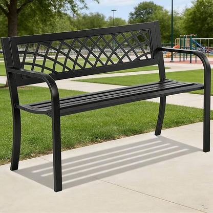 Outdoor Garden Bench, 2-Person Metal Patio Bench with Rust-Resistant Steel Frame & Mesh Pattern Plastic Backrest/Armrests, Black for Lawn Yard Porch Entryway Park