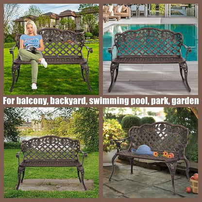 LEEXCCOS Updated Version & Stronger 42.5" Metal Garden Benches for Outdoors, More Weather Resistant Park Bench Metal Bench Leisure Rose Chair for 2 Person Seat, Patio Front Porch Furniture (Bronze)
