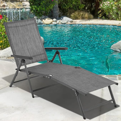Patio Lounge Chair Chaise Lounges Patio Folding Lounge Chairs for Outside Patio Pool Beach Yard with Adjustable Reclining Lounge Chairs Set of 2 - Gery
