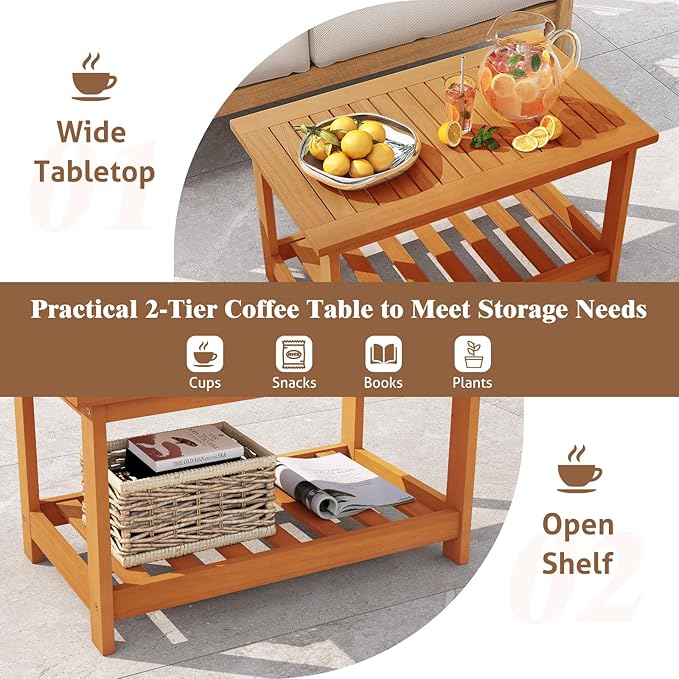 RELAX4LIFE 2-Tier Outdoor Coffee Table - Acacia Wood Rectangular Patio Center Table w/Slatted Tabletop & Storage Shelf - Photo 5