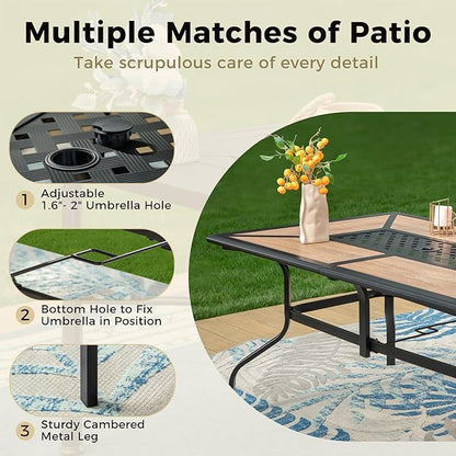 Outdoor Patio Dining Table for 6, 61" x 38" Rectangular Metal Patio Dining Table with Umbrella Hole for Garden, All Weather Wrought Iron Black Outdoor Table Backyard and Porch