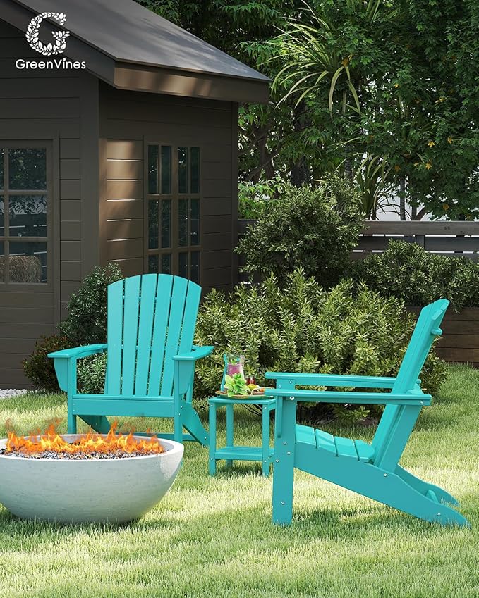 GREENVINES Adirondack Chairs Set of 2 | HDPE Plastic | Oversized Fire Pit Chair | All Weather | Aqua | Poly Lumber | for Outdoor Deck Backyard Patio Garden