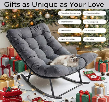 IRONCK Papasan Rocking Chair with Cushion, Patio Wicker Rocking Chair, Metal Frame Egg Rocker, 450lbs Capacity, Indoor Outdoor Lounge for Garden, Porch, Living Room, Balcony, Gray