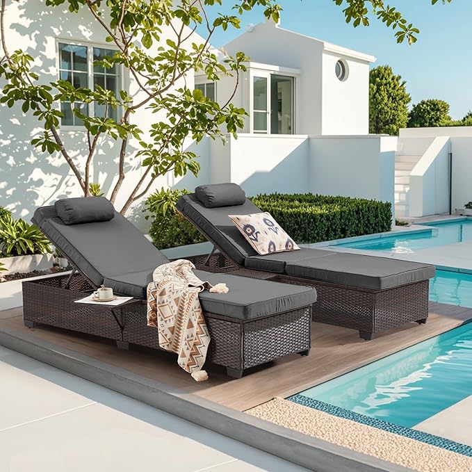 Outdoor Lounge Chairs, Pool Lounge Chairs Set of 2, Outdoor Chaise Lounge with Adjustable Backrest & Cup Holder - Photo 3