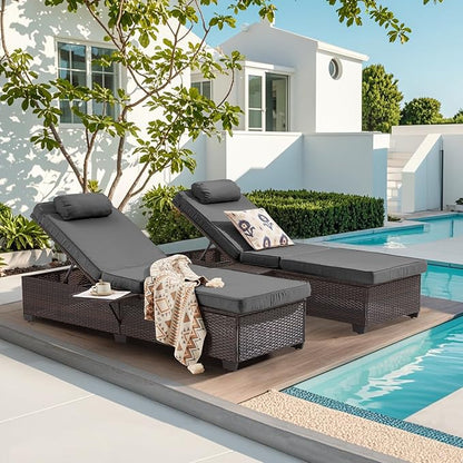 Outdoor Lounge Chairs, Pool Lounge Chairs Set of 2, Outdoor Chaise Lounge with Adjustable Backrest & Cup Holder,Grey Cushion