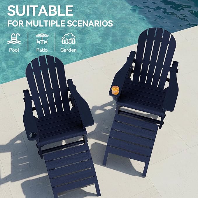 Vongrasig Adirondack Chairs Set of 2 with Removable Tabletop and Footrest, All-Weather HDPE Outdoor Chair Set with Wooden Textured, Cup Holder for Patio, Poolside, Deck, Garden, Dark Blue