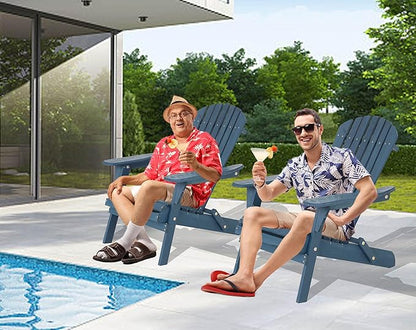 Folding Adirondack Chairs Set of 2, Solid Wood Adirondack Chair Lawn Chairs with Wide Armrest, All-Weather Outdoor Chairs Set Fire Pit Chairs Garden Chair, 350 Lbs, Easy to Install, Navy Blue…