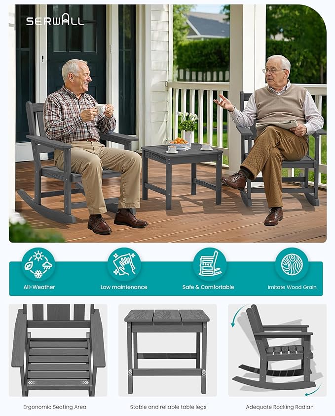 SERWALL HDPE Outdoor Rocking Chairs Set of 6, All Weather 4 Porch Rockers with 2 Side Tables - Photo 6
