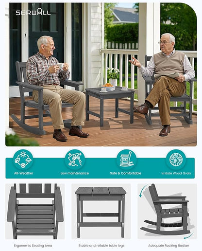 SERWALL Outdoor Rocking Chairs Set of 2 with 1 Side Table & 9ft Patio Umbrella, All-Weather HDPE 3 Piece Patio Furniture Set, Patio Bistro Set with Umbrella Hole for Porch Deck Lawn Balcony, Grey