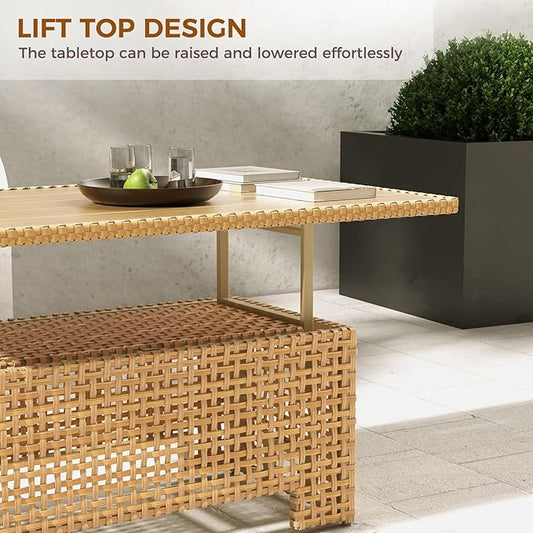 Grand patio Outdoor & Indoor Coffee Dining Table -Wicker Rattan, Adjustable Slat Lift Top, Picnic, Storage Shelf - Beige