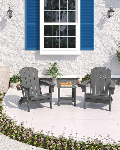Garvee Folding Adirondack Chair Set of 2 with Side Table, HDPE Outdoor Patio Chair with Cup Holder, All Weather Resistent Wooden Textured for patios, Decks, Gardens, fire Pit, Grey