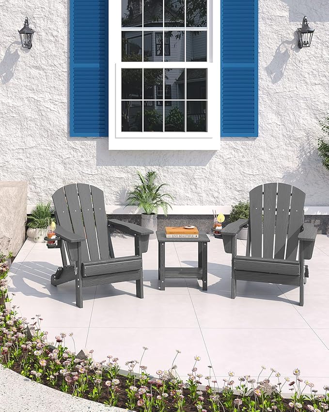Folding Adirondack Chair Set of 2, All-Weather HDPE Outdoor Chair, Wooden Textured with Cup Holder for patios, Decks, Gardens, fire pits, Grey