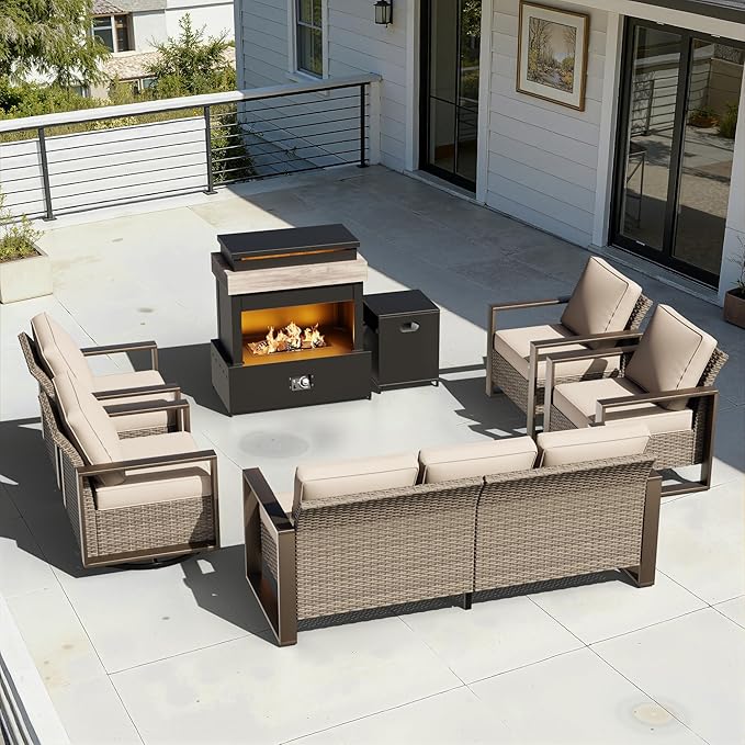 6 Pieces Wicker Patio 75" Sofa Set with 2 Armchairs, 2 Swivel Chairs, Fireplace - Photo 9